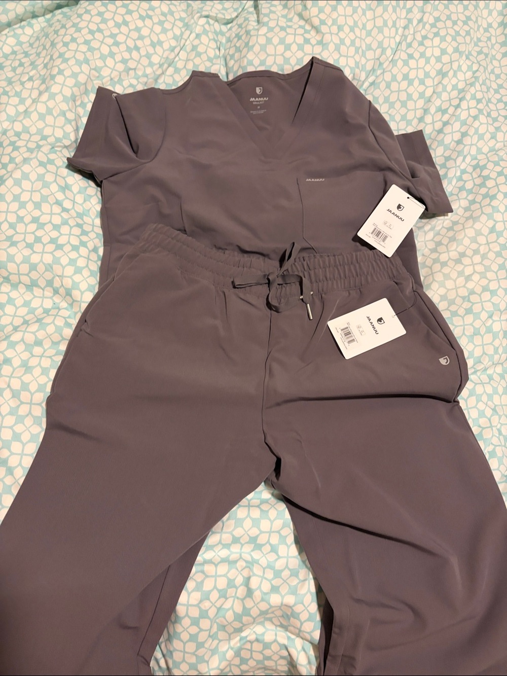 Jaanuu set medium Women's Grey Scrub Top slim & Drawstring high waisted band Set